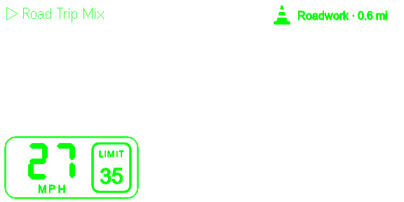 On a motorcycle in town: a roadwork cone icon with Roadwork 0.6 mi, what is playing, and 27 mph beside a 35 limit.