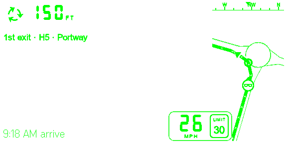 Milton Keynes, England: the map, the turn and speed. A roundabout in 150 feet, 1st exit to H5 Portway, 27 mph beside a 30 limit, with the map on the right because traffic keeps left.